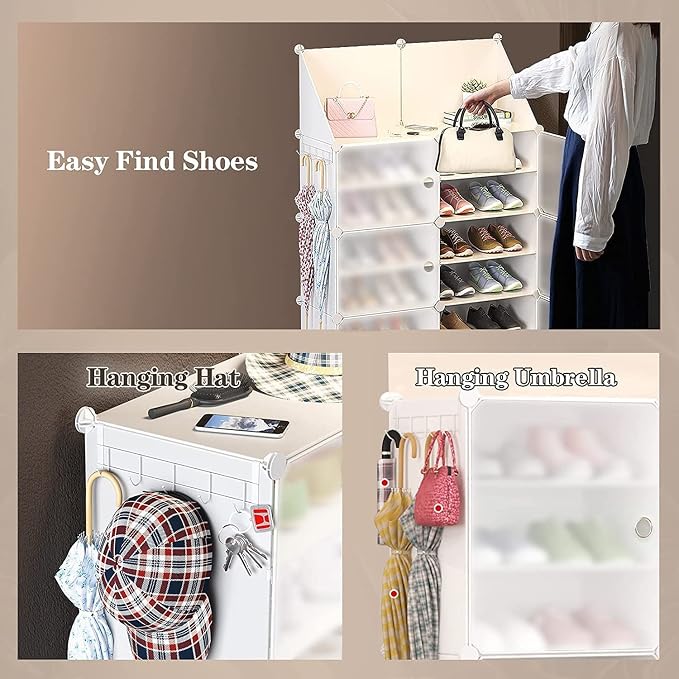 Jomifin Shoe Rack Storage Cabinet with Doors, Key Holder, Portable Shoe Organizer, Expandable Standing Rack, Holds 32-64 Pairs Shoes Boots Slippers for Closet Hallway Entryway Bedroom, 2x8 Tier, White