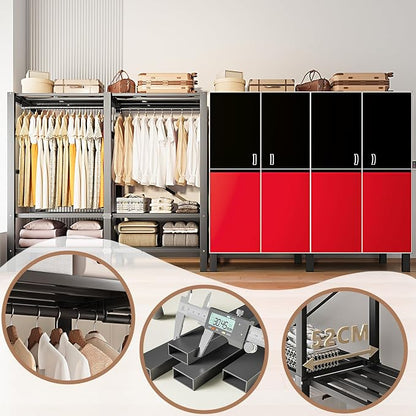 Heavy Duty Clothes Rack with Cover, Portable Wardrobe Closet with Magnetic Door & Black Steel Frame, Foldable Freestanding Garment Storage (Red-Magnetic Door, 49.2''L x 20.5''W x 67''H)