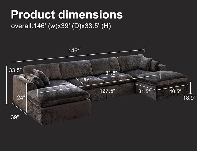 146" Modular Sectional Sofa – Modern Cloud Couch with Deep Chenille Seats, U-Shaped Boneless Sofa, Pet-Friendly, No Assembly, Gray (4 Seater + 2 Ottoman)
