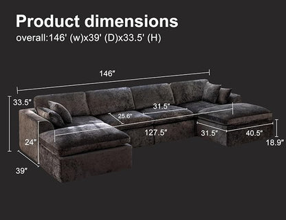 146" Modular Sectional Sofa – Modern Cloud Couch with Deep Chenille Seats, U-Shaped Boneless Sofa, Pet-Friendly, No Assembly, Gray (4 Seater + 2 Ottoman)
