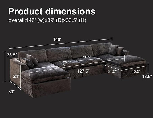 146" Modular Sectional Sofa – Modern Cloud Couch with Deep Chenille Seats, U-Shaped Boneless Sofa, Pet-Friendly, No Assembly, Gray (4 Seater + 2 Ottoman)