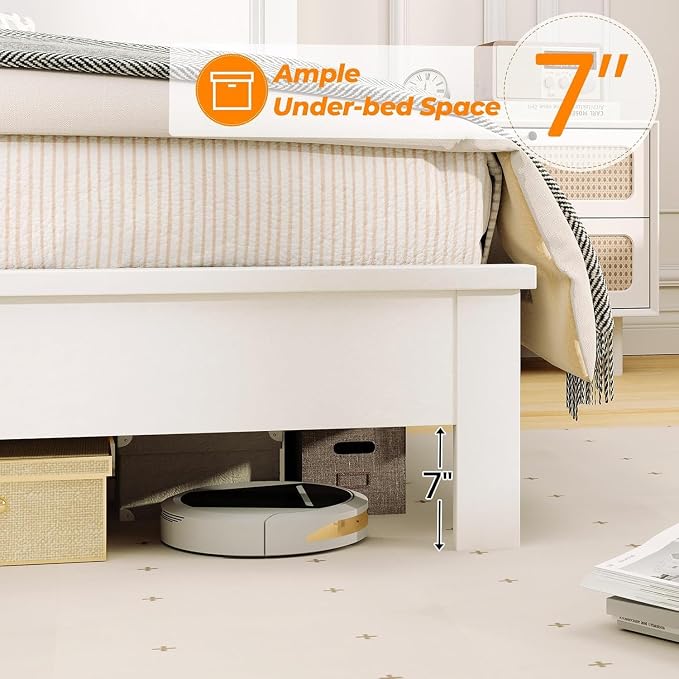 Wood Bed Frames with Headboard, Mid Century Bed Frame with Solid Wood Legs & Wooden Slat Support, Mattress Foundation Bed Base, No Box Spring Needed, (White, Full)