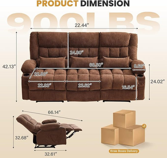 BOSMILLER Reclining Sofa with Cup Holders for Living Room 3 Seat Manual Sofa Recliner with Side Pocket