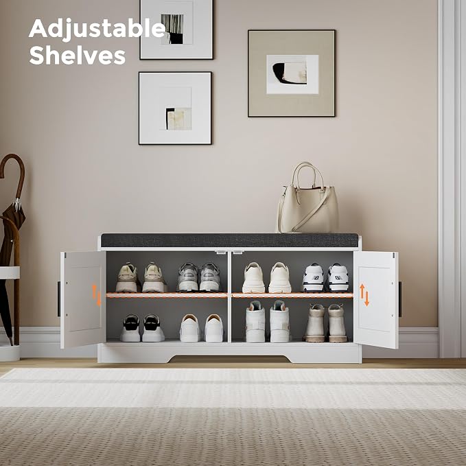 Homleke 2-Tier Storage Bench, Shoe Bench with Thickened Padded Seat Cushion, Entryway Bench with 2 Doors, Adjustable Shelf, 13.8" D x 37.4" W x 18.5" H, for Entryway, Living Room, Bedroom, White