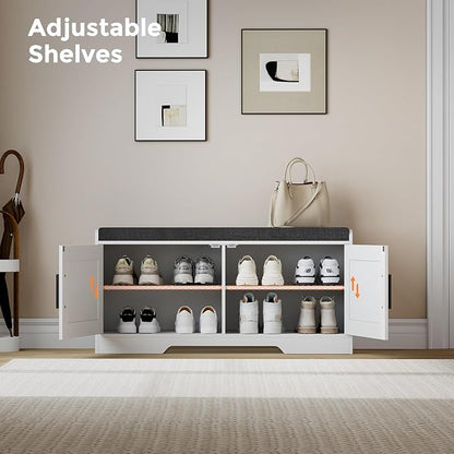 Homleke 2-Tier Storage Bench, Shoe Bench with Thickened Padded Seat Cushion, Entryway Bench with 2 Doors, Adjustable Shelf, 13.8" D x 37.4" W x 18.5" H, for Entryway, Living Room, Bedroom, White