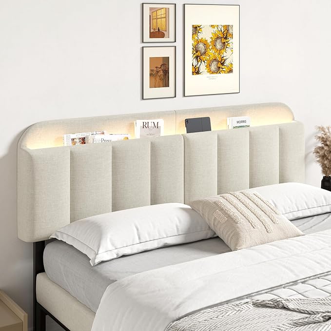 Adjustable Headboard for King/California King Size Bed Frame, Linen Fabric Bed Headboard with Storage & RGB LED Light in Modern Vertical Channel Design, White