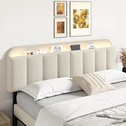 Adjustable Headboard for King/California King Size Bed Frame, Linen Fabric Bed Headboard with Storage & RGB LED Light in Modern Vertical Channel Design, White