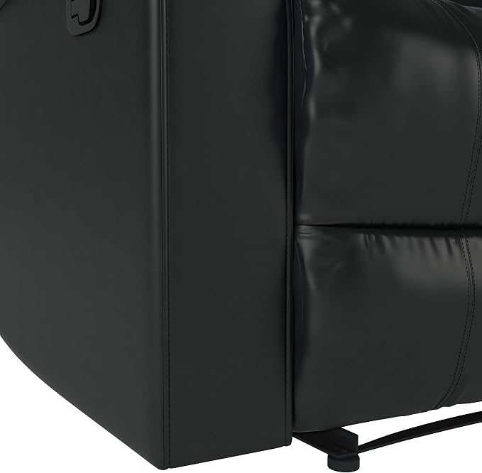 Warren 35.5" Manual Pull-Handle Recliner, Traditional Overstuffed, Pocket Coil Comfort, Black Metal Base Legs, Soft Vegan Leather Fabric, Black