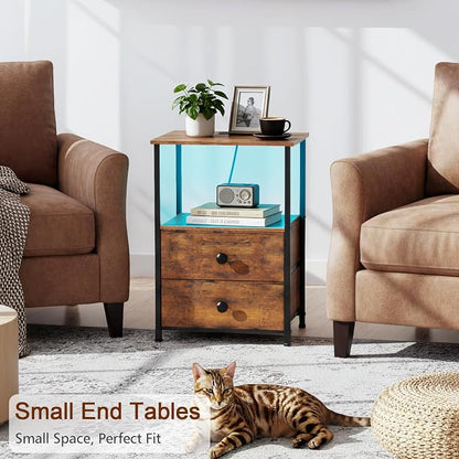 LOAKEKEL Night Stand Set 2, LED Nightstand with Charging Station, End Tables with Storage Shelf for Small Space, Bedside Table with 2 Fabric Drawers for Bedroom, Brown HETS02PQBR