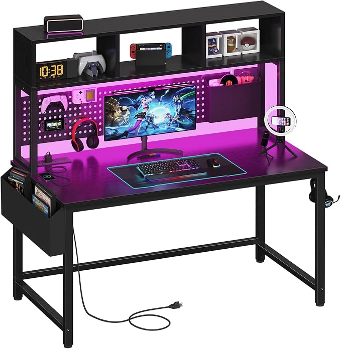 DLisiting Black Gaming Desk with Hutch and Pegboard - 47 Inch Gaming Desk with Shelves Storage Power Outlets, Computer Teen Work Study Writing Desks for Bedroom Home Office
