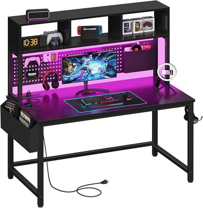 DLisiting Black Gaming Desk with Hutch and Pegboard - 47 Inch Gaming Desk with Shelves Storage Power Outlets, Computer Teen Work Study Writing Desks for Bedroom Home Office