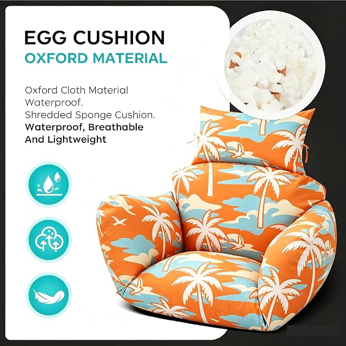 Egg Chair Cushion Replacement, Waterproof Thicken Hanging Egg Swing Chair Cushion for Outdoor Furniture, Wicker Rattan Hammock Basket Cushion with Headrest Pillow 47x31.5x4.7 inch(Orange Coconut Tree)