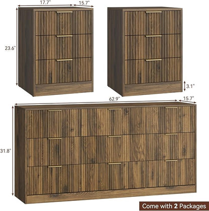 Walnut Dresser & 3 Drawer Nightstand Set 3-Piece, 63” Long 9 Drawer Dresser and Night Stand Set of 2, Fluted Modern Wood Chest of Drawers Storage Dressers Set for Bedroom, Walnut