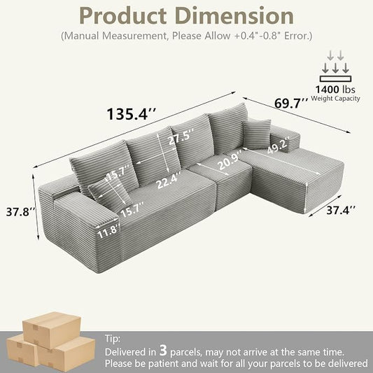 135" Cloud Sectional Couch with L-Shape Chaise, Modern Modular Comfy Sofa Chaise Longue, Upholstered Corduroy Couches Sleeper with Deep Seat for Living Room Bedroom, No Assembly Required, Grey