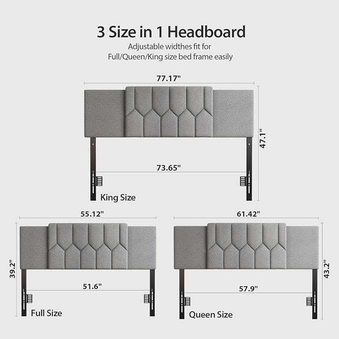 Upholstered Tufted Headboard, 3 in 1 Headboard for Full/Queen/King Size Bed, Height & Width Adjustable Head Boards, Attach Frame, Study & Comfortable, Ideal for Bedroom, Dorm, Guest Room, Grey