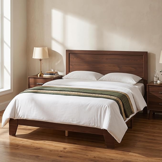 KOMFOTT Queen Size Bed Frame, Mid-Century Modern Platform Bed with Headboard, Wooden Slat Support Mattress Foundation, Under-Bed Storage Space, No Box Spring Needed (Walnut,Queen)