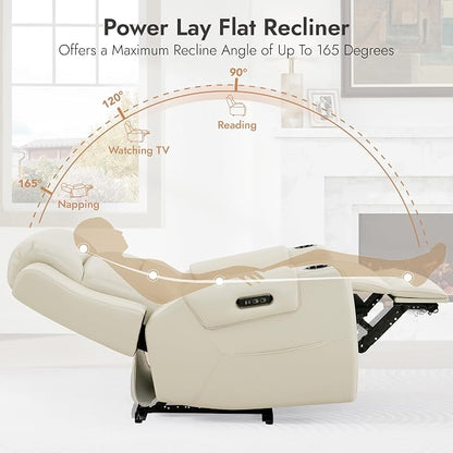 Watson & Whitely Oversized Genuine Leather Power Recliner Chairs for Big and Tall, Extra Wide Lay Flat Recliner with Power Headrest & Cup Holders, Electric Reclining Sofa for Living Room, Cream