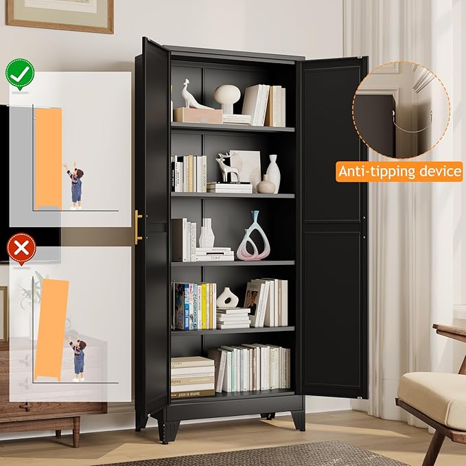 PAOFIN 71" Tall Metal Pantry Storage Cabinet with Doors and 4 Adjustable Shelves, Black Kitchen Food Pantry Cabinets, Tall Freestanding Cupboard for Kitchen, Dining Room or Living Room, Black