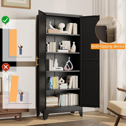 PAOFIN 71" Tall Metal Pantry Storage Cabinet with Doors and 4 Adjustable Shelves, Black Kitchen Food Pantry Cabinets, Tall Freestanding Cupboard for Kitchen, Dining Room or Living Room, Black