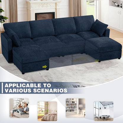 110” Chenille 4-Seats Sofa W/Two Movable Ottomans, Blue | Modern Fabric U-Shaped Couch w/Soft Backrests, Upholstered Sectional Sofa w/Arm Pillows for Living Room, Office