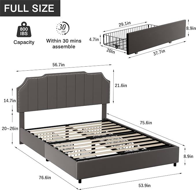 VECELO Full Upholstered Platform Bed Frame with 4 Storage Drawers,Velvet Vintage Full Bed with Nailhead Trim,Tufted Height Adjustable Headboard,Wooden Slats/No Box Spring Needed/Easy Assembly