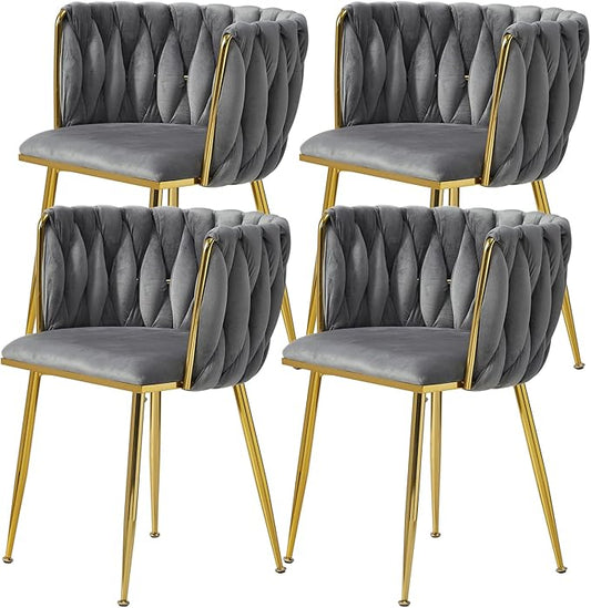 Velvet Dining Chairs Set of 4, Modern Upholstered Dining Room Chairs with Golden Metal Legs and Woven Backrest for Dining Room, Kitchen, Vanity, Living Room (Grey)