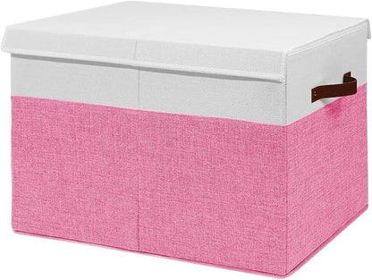Mabahoo Large Toy Box, Collapsible Sturdy Storage Organize Chest Boxes With Lids, 25"x13"x16" Kids Toy Chest Bin Baskets for Living Room, Bedroom, Nursery, White & Pink