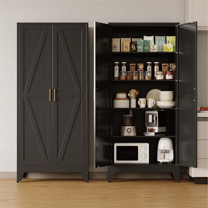 COFaR Metal Pantry Cabinet with Doors, Farmhouse 71'' Tall Storage Cabinet with 4 Adjustable Shelves, Kitchen Pantry Cabinet for Dinning Room, Garage, Laundry, Bathroom, Black 5-Tier