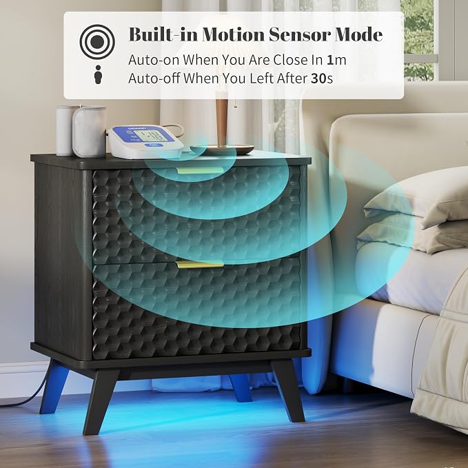 LVSOMT Smart Nightstand with Charging Station and LED Lights, 23.62" Wide Night Stand with 2 Drawers, Motion Sensor Motion-Activated Underlight, Honeycomb Bedside Table for Bedroom, Black