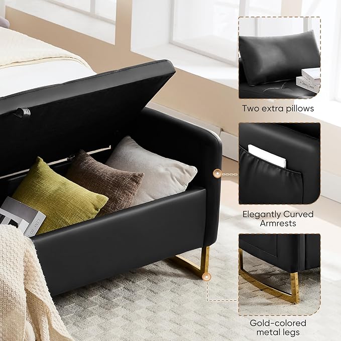 65" End of Bed Storage Bench, Modern Storage Benches for Foot of Bed with Tufted Button and Gold Legs, Upholstered Faux Leather Window Ottoman Benches with Armrests, Black