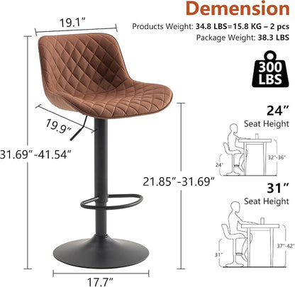 YOUTASTE Coffee Brown Bar Stools Set of 2 Adjustable Counter Height Barstools Faux Leather Bar Stool with Back Swivel Modern Metal Diamond Bar Chairs Home Kitchen Island Restuarant
