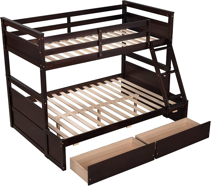 Twin Over Full Bunk Beds with 2 Under Bed Storage Drawers, Stronger & More Stable Bunkbed, Espresso
