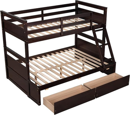 Twin Over Full Bunk Beds with 2 Under Bed Storage Drawers, Stronger & More Stable Bunkbed, Espresso