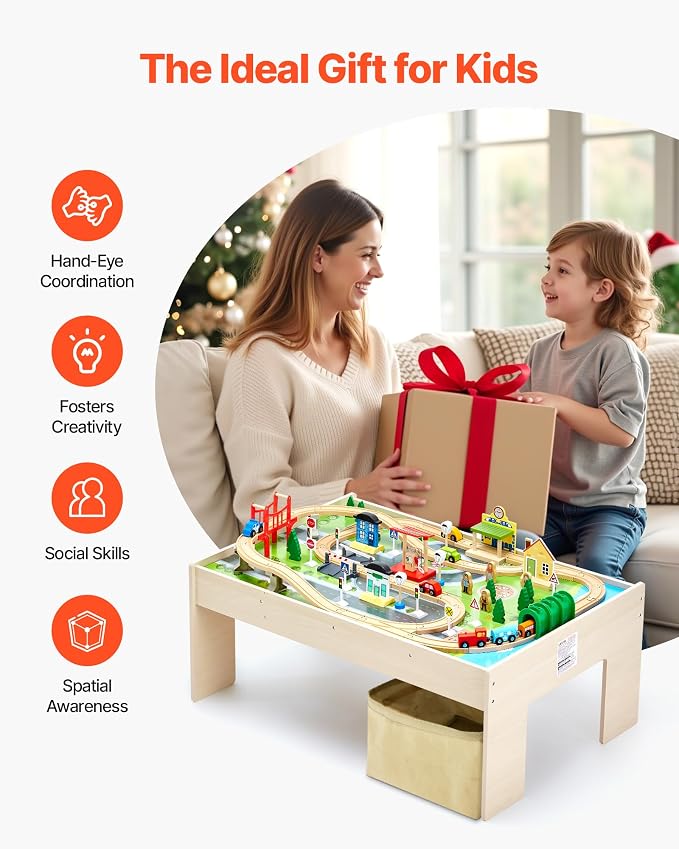 VEVOR Train Table, 84 Multicolor Pieces Wooden Kids Activity Table with Collapsible Storage Bin, 3-in-1 Wooden Train Set for Gaming, Drawing, Reading, Eating, Creative Toy Set for Kids Ages 3+