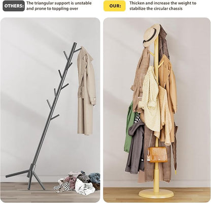 Taitiy Solid Wood Coat Rack Freestanding Coat Tree with 10 Hooks for Bedroom, Livingroom, Entryway, Sturdy Coat Hanger Stand for Hats, Coats, Scarves, Handbags, Purses