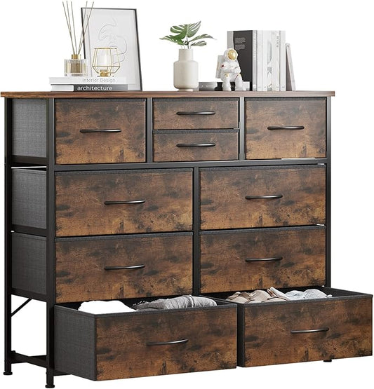 LUMTOK 10-Drawer Dresser, Fabric Storage Tower with Drawers for Bedroom, Dresser Drawer with Handle for Bedroom, Living Room, Hallway, Closets & Nurseryteel Frame, Wood Top (10 Drawer/Rustic Brown)