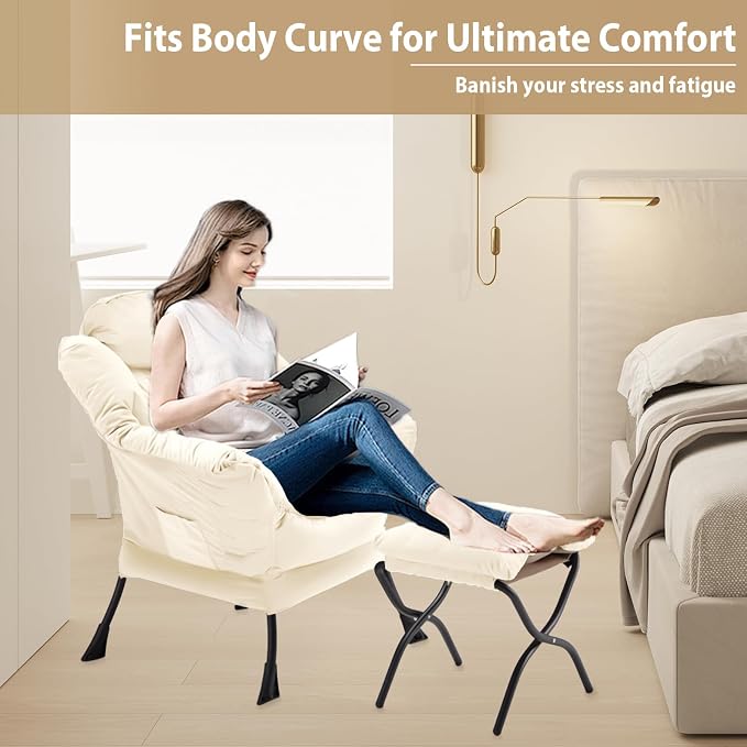 Youtanic Lazy Chair with Folding Ottoman, Accent Chair Velvet Upholstered with Metal Structure and Non-Slip Pads, Sofa Armchair with Footrest and Side Storage Bag for Dorm, Room, Office, Beige