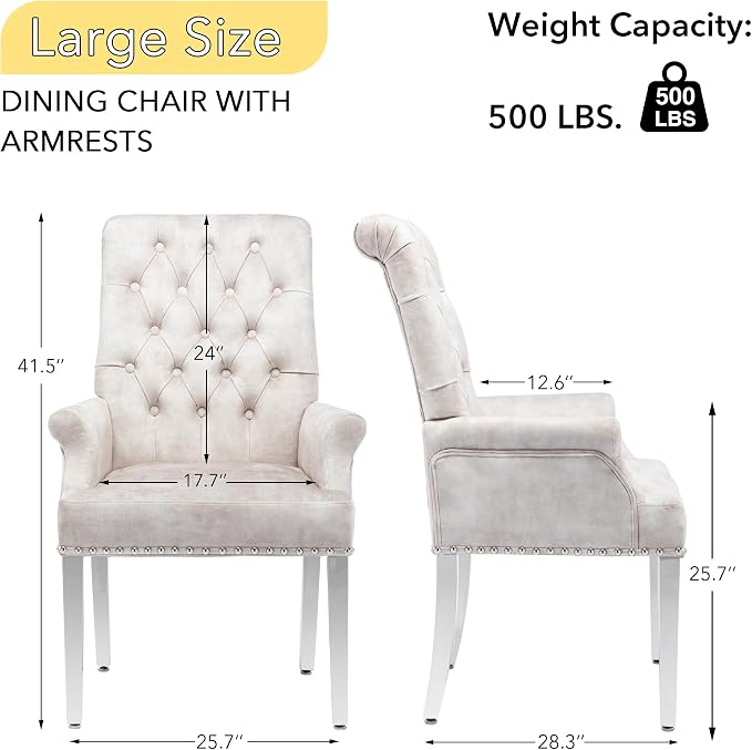 AODCHR Upholstered Velvet Accent Dining Chair, Elegant Tufted Dining Room Kitchen Room Arm Chair with Stainless Steel Leg, Beige