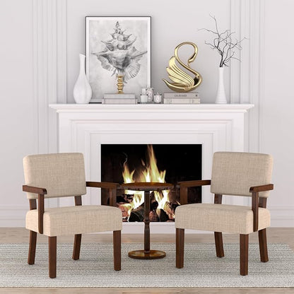 FAGAGA Accent Chair,Armchairs with Solid Wood Frame and Legs,Upholstered Reading Leisure Chair for Bedroom,Office,Waiting Room (Linen, Beige, One Chair)