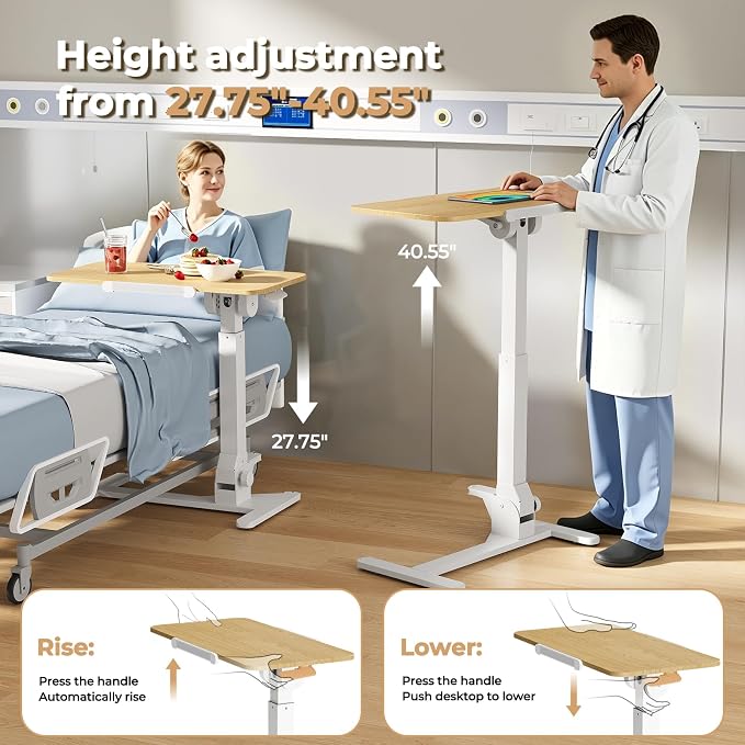 JOY worker Foldable Overbed Bedside Table, 180° Tiltable Mobile Standing Desk with Wheels, 31.5" Height Adjustable Rolling Laptop Desk for Home & Hospital Use, Easy Storage, Maple