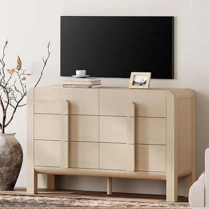 WAMPAT Beige Dresser for Bedroom, 47.2" W 6 Drawers Mid Century Modern Chest of Drawers, Wooden Dressers TV Stand with Curved Profile Design, Storage Organizer for Bedroom, Closet, Hallway