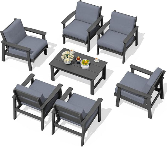 SERWALL HDPE Outdoor Furniture Set, 7 Piece All Weather Wood-Like Outdoor Sofa Sectional Couch, Grey Patio Furniture Set with Grey Cushions