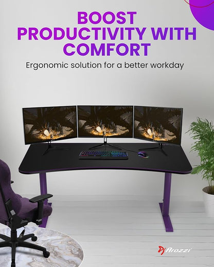 Arozzi Arena Large Gamer Desk - 63x32” Adjustable Height PC Gaming Desk with Storage for Cables & Triple-Monitor Support - Full-Surface Washable Mousepad - Purple