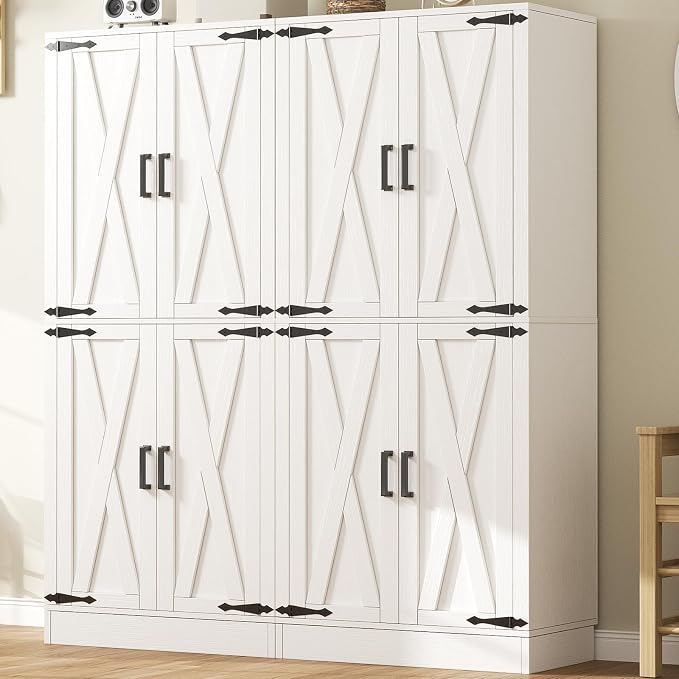 Unikito 71" Tall Kitchen Pantry Cabinet with Farmhouse Barn Doors and Storage Drawer, 8 Adjustable Shelves, Freestanding Cupboard for Dining Room, Living Room, Utility Room, White, 2 Pack