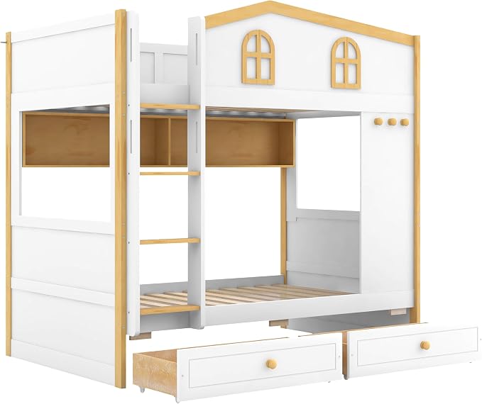 Bellemave Bunk beds Twin Over Twin with Twin Size Drawers, Low bunk Bed for Kids Adults and Teenagers，White