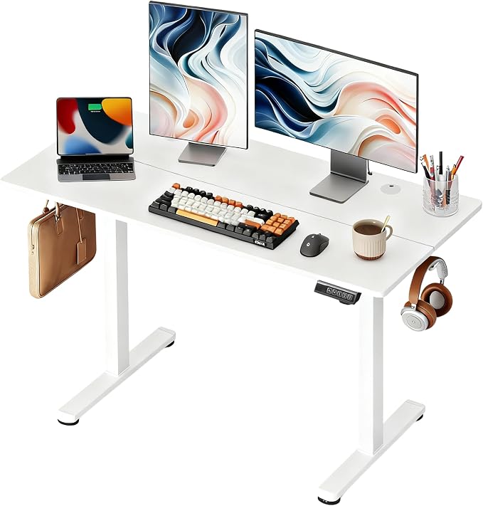 DEVAISE 48 Inch Electric Standing Desk, 3 Adjustable Computer Desk for Home Office, Ergonomic Sit to Stand Desk with LED Touchscreen，Headphone Hook, 3 Memory Preset, with Split Top, White