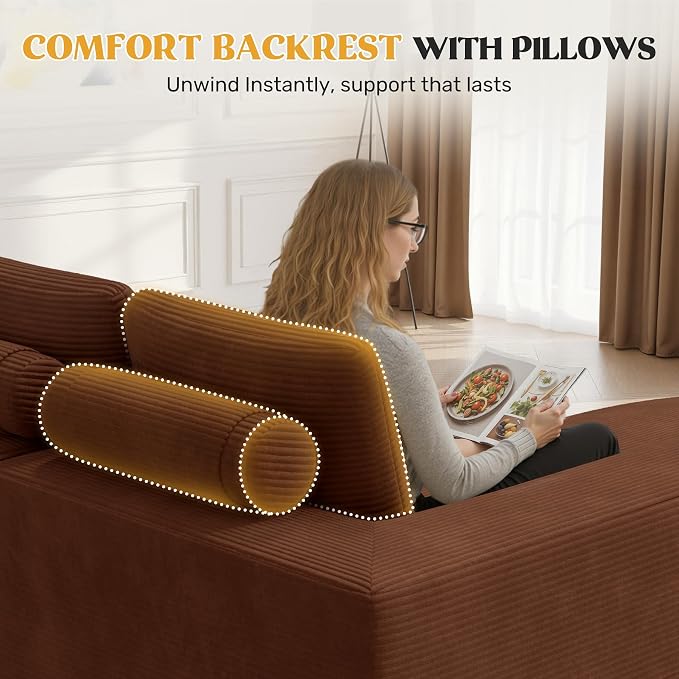 112" Modern Curved Cloud Couch, Corduroy Boneless Couches for Living Room with Deep Seat, Memory Foam Compressed Modular Sectional Sofa, No Assembly Required,Brown 1 PCS