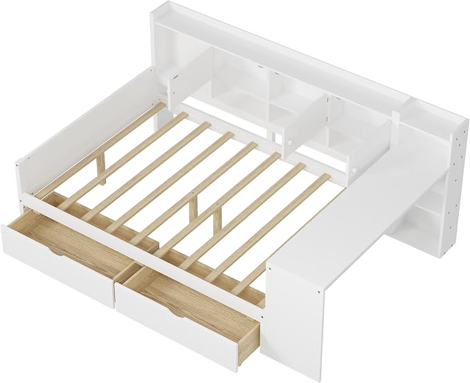 Bellemave Full Corner Bed Frame, Full Size Corner Beds with Storage Cabinets and Desk, Wood Daybed with Bookcase and Drawers, White