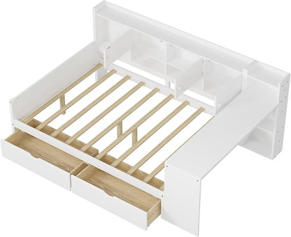 Bellemave Full Corner Bed Frame, Full Size Corner Beds with Storage Cabinets and Desk, Wood Daybed with Bookcase and Drawers, White