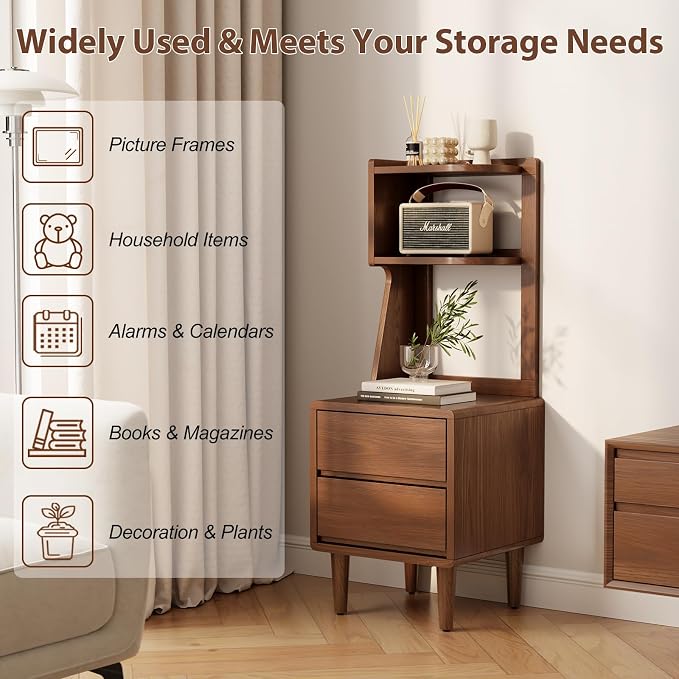 Solid Wood Bookshelf with Drawers,Narrow bookcase with Storage Shelves,Tall Nightstand with Drawers,Mid Century Modern Nightstand,Open Shelf Bookcase,Small Book Shelf for Bedroom,Living Room,Offices